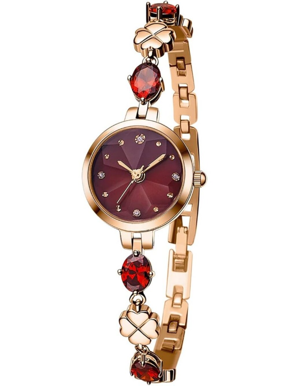 Women's Red Bracelet Strap with Diamonds Waterproof Quartz Crystals Watches